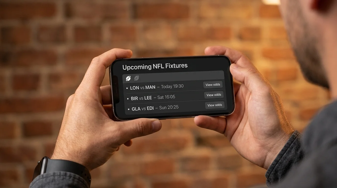 A man holds a smartphone showing a sportsbook app interface with NFL fixtures listed, brick wall and warm indoor light behind
