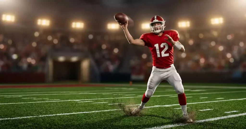 NFL quarterback in full pads and helmet throwing a forward pass on a stadium grass field under floodlights