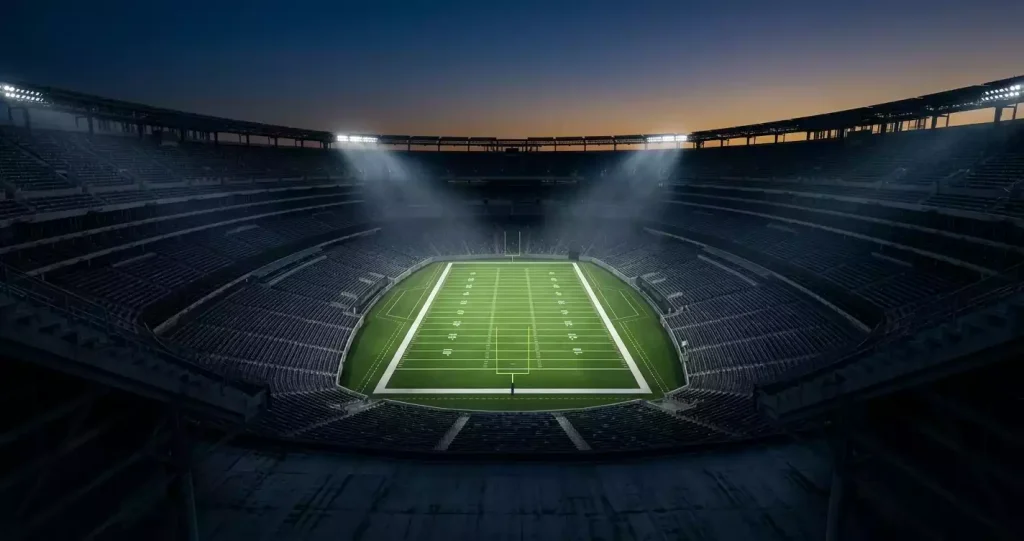 Large NFL stadium exterior at twilight with floodlights illuminating the empty field before kick-off