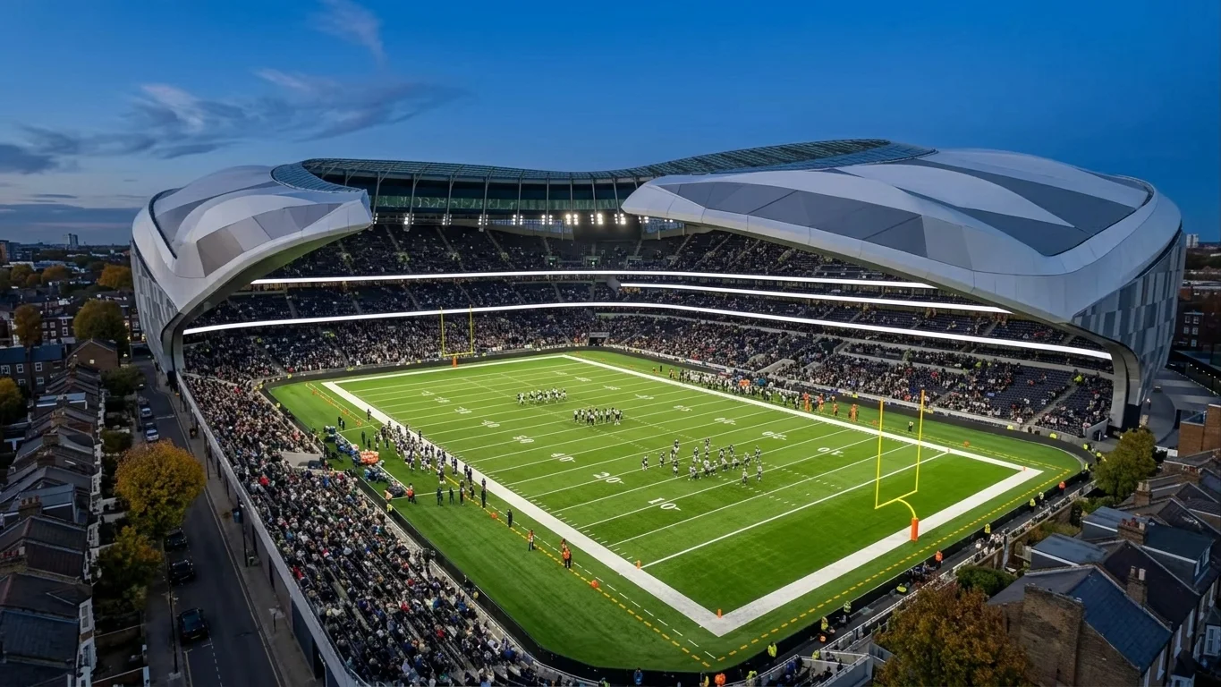 Tottenham Hotspur Stadium configured for an NFL game with the gridiron painted on the pitch, evening lighting