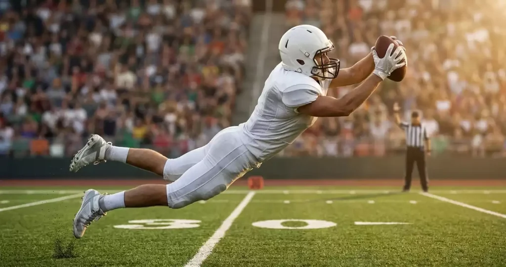 NFL wide receiver in full uniform leaping for an over-the-shoulder catch above a stadium grass field