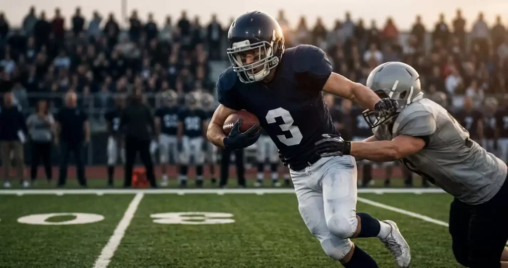 NFL running back in full pads and helmet breaking through a tackle on a stadium grass field at dusk