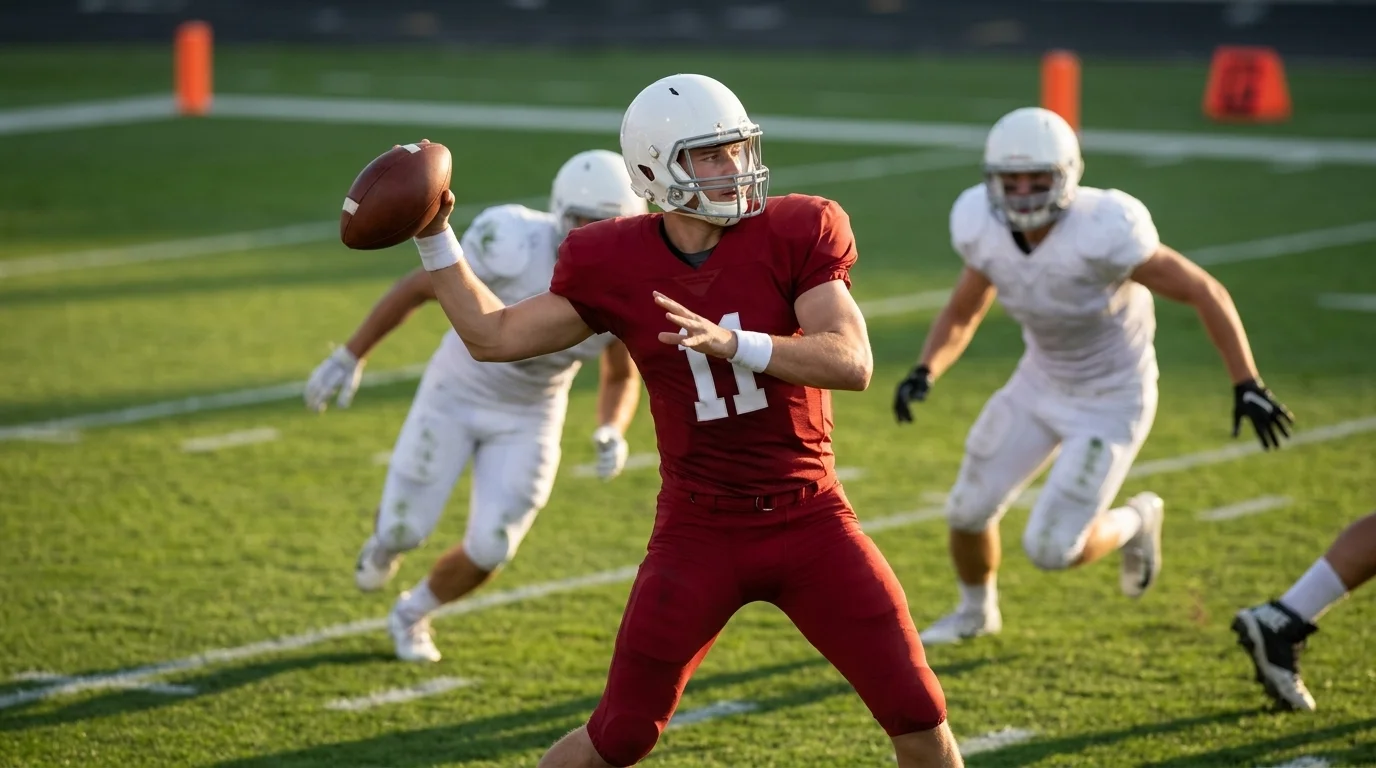NFL quarterback releasing a pass under pressure, full pads and helmet, blurred defenders closing in