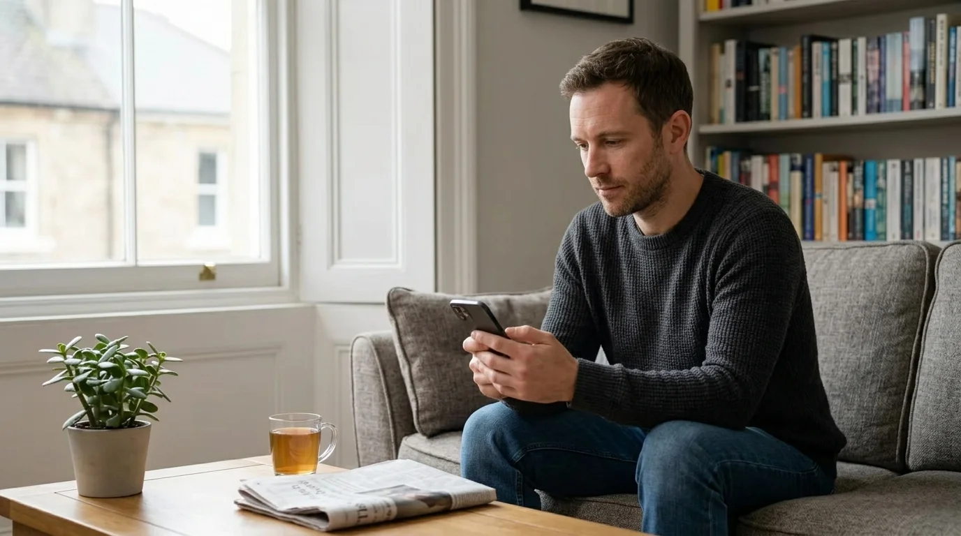 A man in a quiet living room considering his phone screen with a thoughtful expression, soft daylight from a window