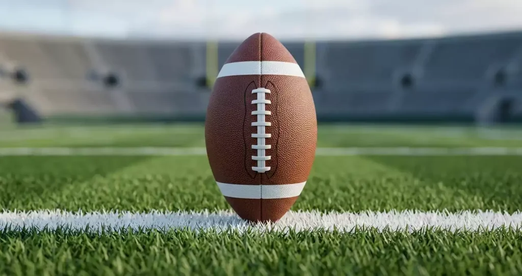 Brown leather American football resting on the goal line of an NFL field with stadium seating in soft focus