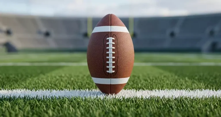 Brown leather American football resting on the goal line of an NFL field with stadium seating in soft focus