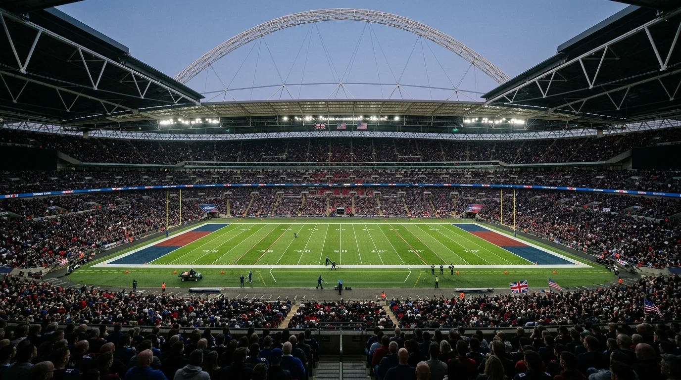 Wembley Stadium packed for an NFL London Games fixture, twilight sky and floodlit pitch